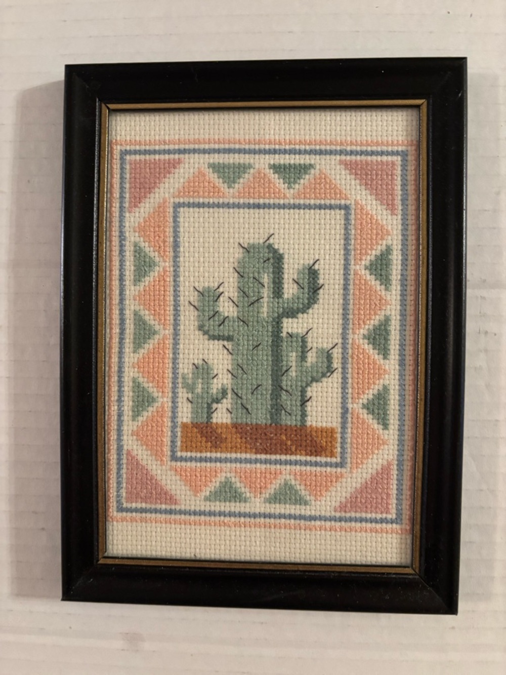 Framed Cross-Stitch Cactus Wall Art in Sage & Peach Colors Pre-owned